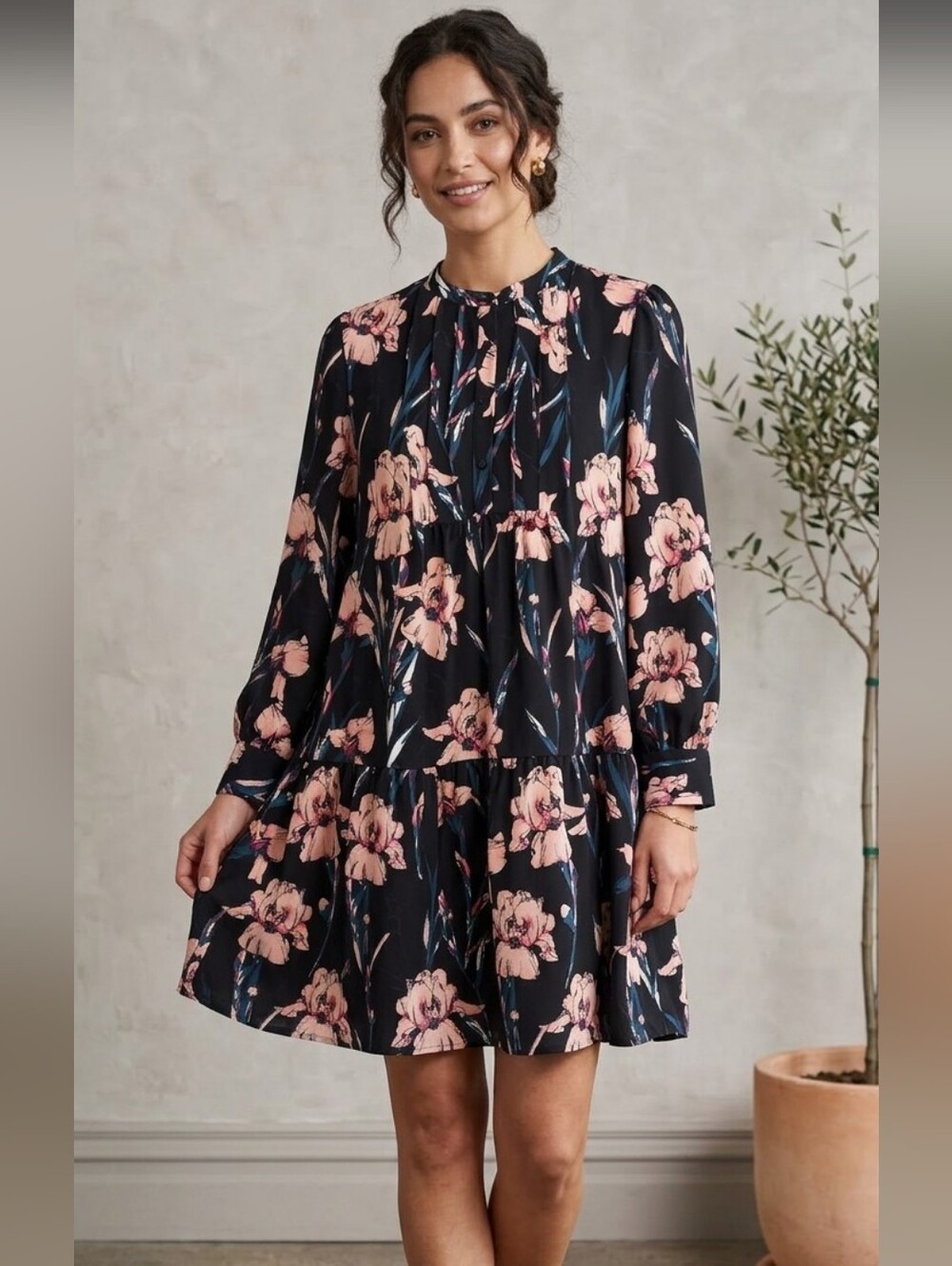 Nordstrom Halogen Floral Dress Wide Hem Pleated Front Black Size XL